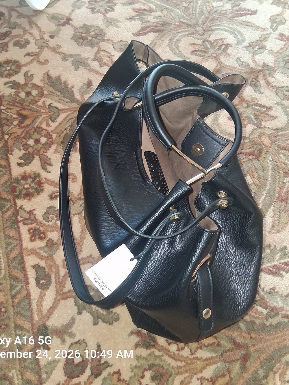 Sondra Roberts Black Pebbled Leather Shoulder Bag with Gold Hardware